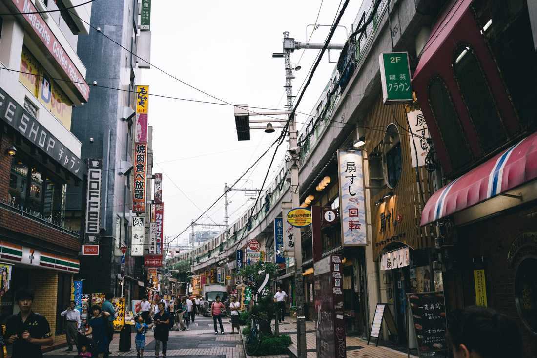 Typical street in Ueno: restaurants, adult/hentai stores and street food stalls.